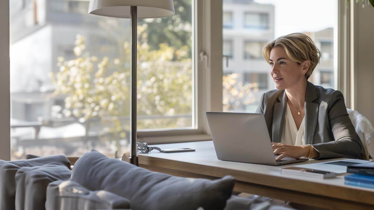 Woman working on her laptop at a modern home office