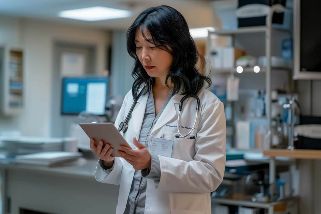 Woman doctor reviewing secure patient information on a tablet