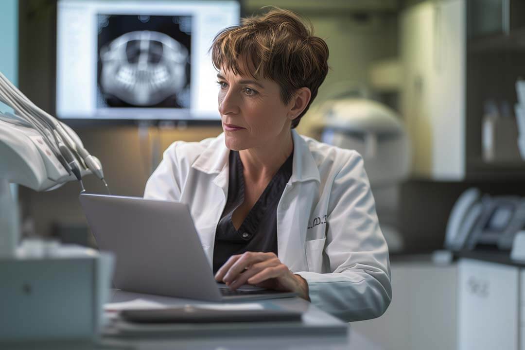 Female dentist typing on laptop
